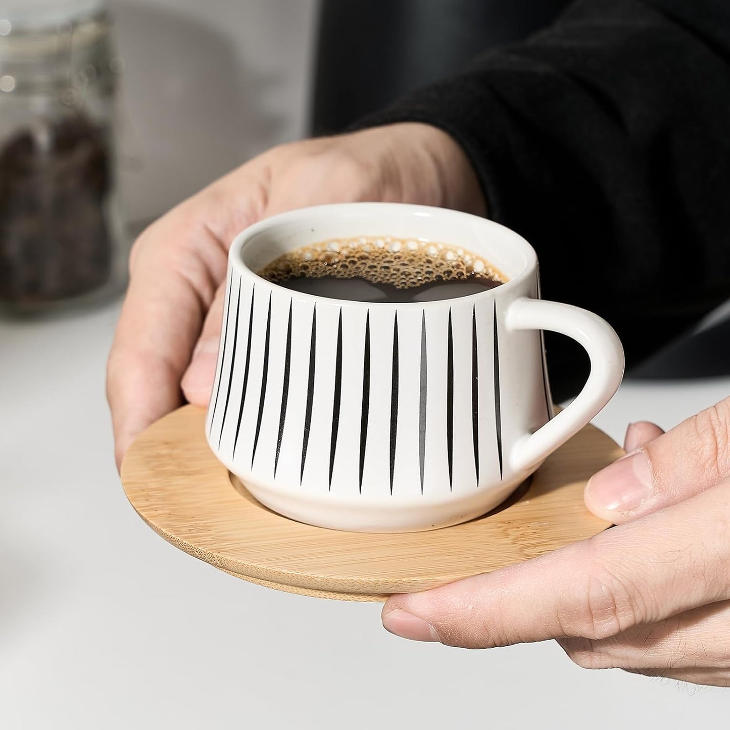 LUKA Ceramic Coffee Espresso Cups with Saucers Set with Metal Holder, 4 oz Porcelain Demitasse Cups For Tea, Espresso, Latte, Coffee, Cafe Mocha, Set of 6, White