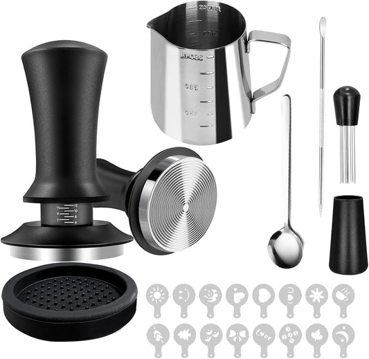 Coffee Tamper, 22 PCS Espresso Accessories Including 58mm Coffee Tamper WDT Tool Tamper Mat Coffee Stirrer Latte Art Pen Milk Frothing Pitcher Coffee Stencils
