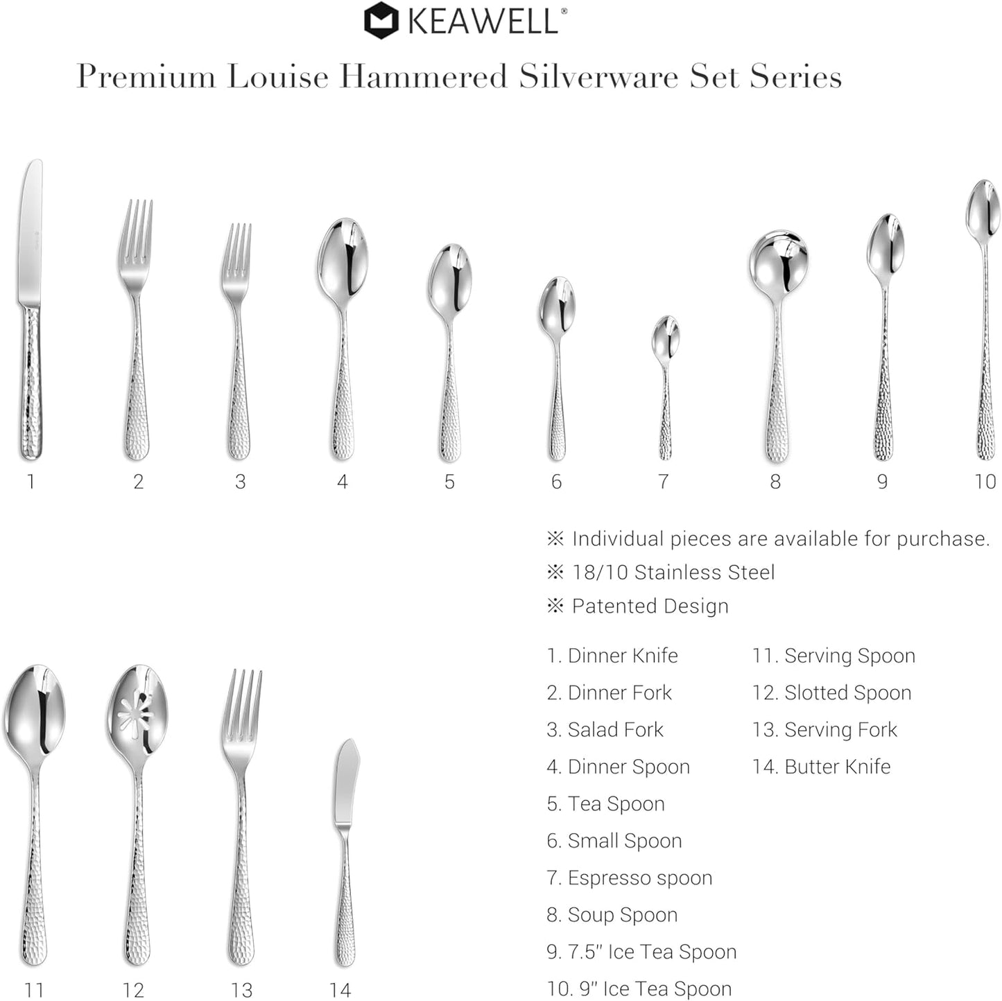 KEAWELL Premium Louise Hammered Demitasse Espresso Spoons: 12-Piece Set, 4.4-Inch Small Size, 18/10 Stainless Steel, Dishwasher Safe (12, 4.4 inches)