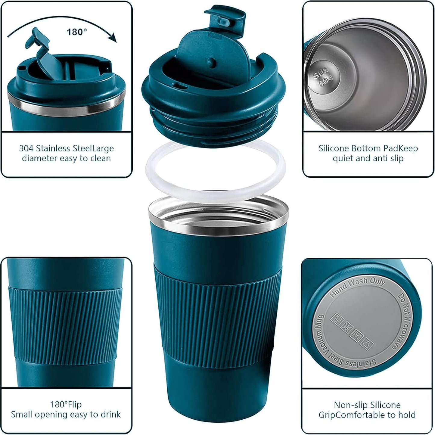 YINBAOGE Insulated Travel Coffee Mug Spill Proof Leak Proof Pobtable To Go Camping Stainless Steel Coffee Tumbler Reusable Coffee Cups with Lids Thermos for Hot and Cold Drink (Blue, 17 OZ)