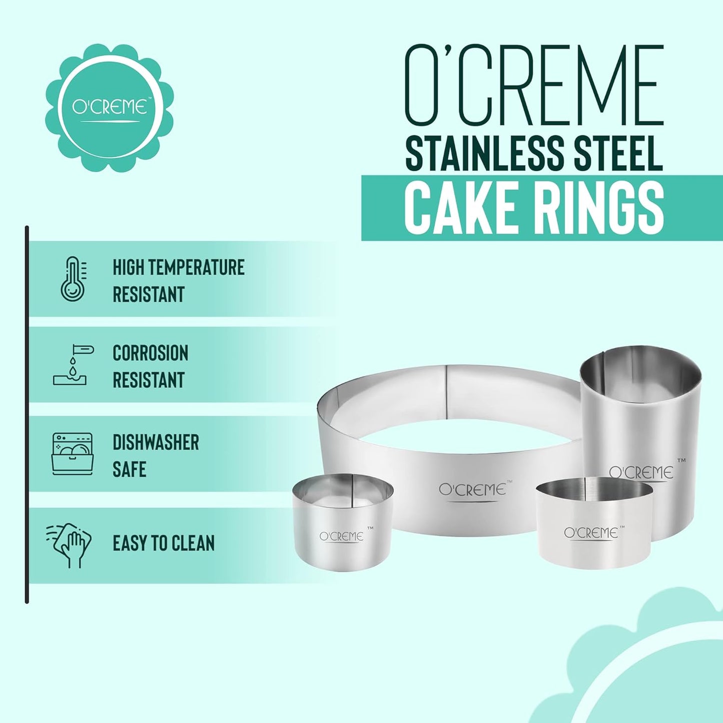 O'Creme Cake Ring Sturdy Stainless Steel Round Mousse Cake Ring Mold for Baking, Dessert Cake Decorating Pastry Rings 5 Inch Diameter x 2 Inch High