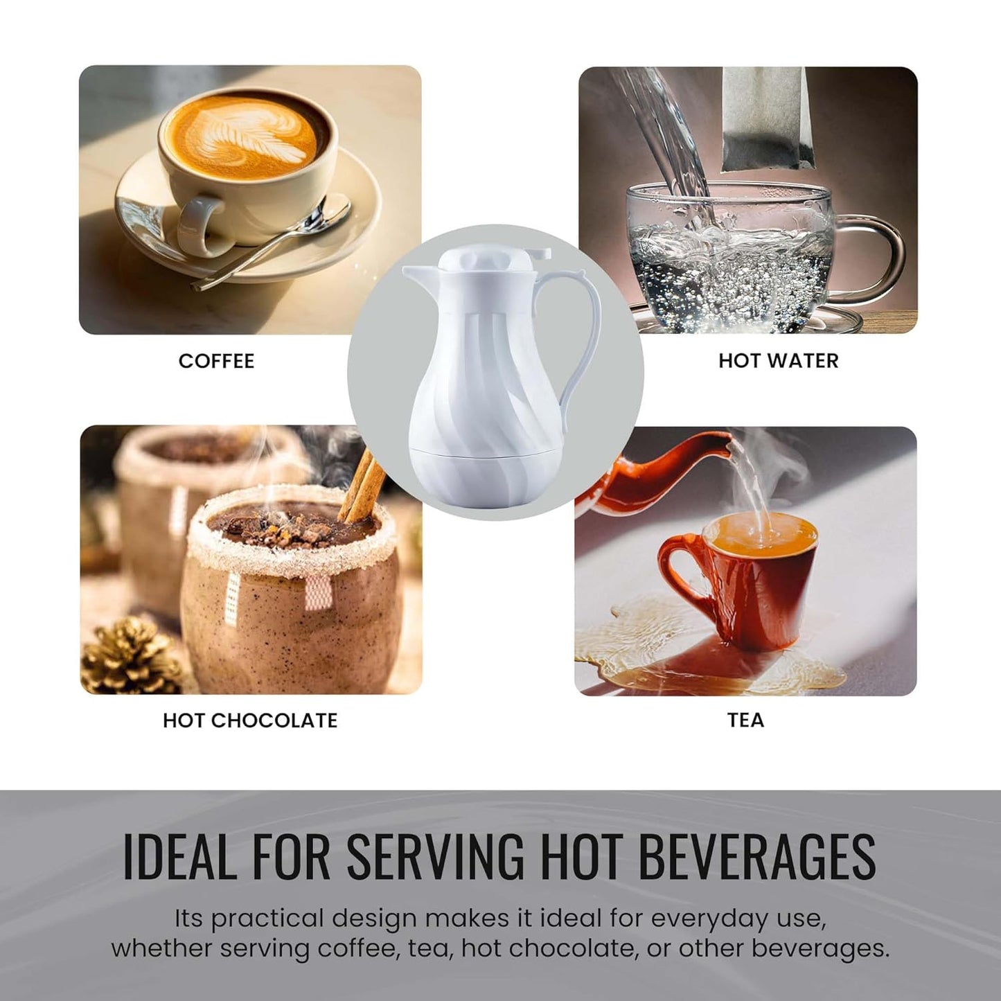 OCS Parts Easy Pour Thermal Coffee Carafe | 10-Inch Insulated Hot and Cold Beverage Pitcher Server for Coffee, Tea, Hot Chocolate and Water with Colored Tags for Easy Idenfication | 42-Ounce | White