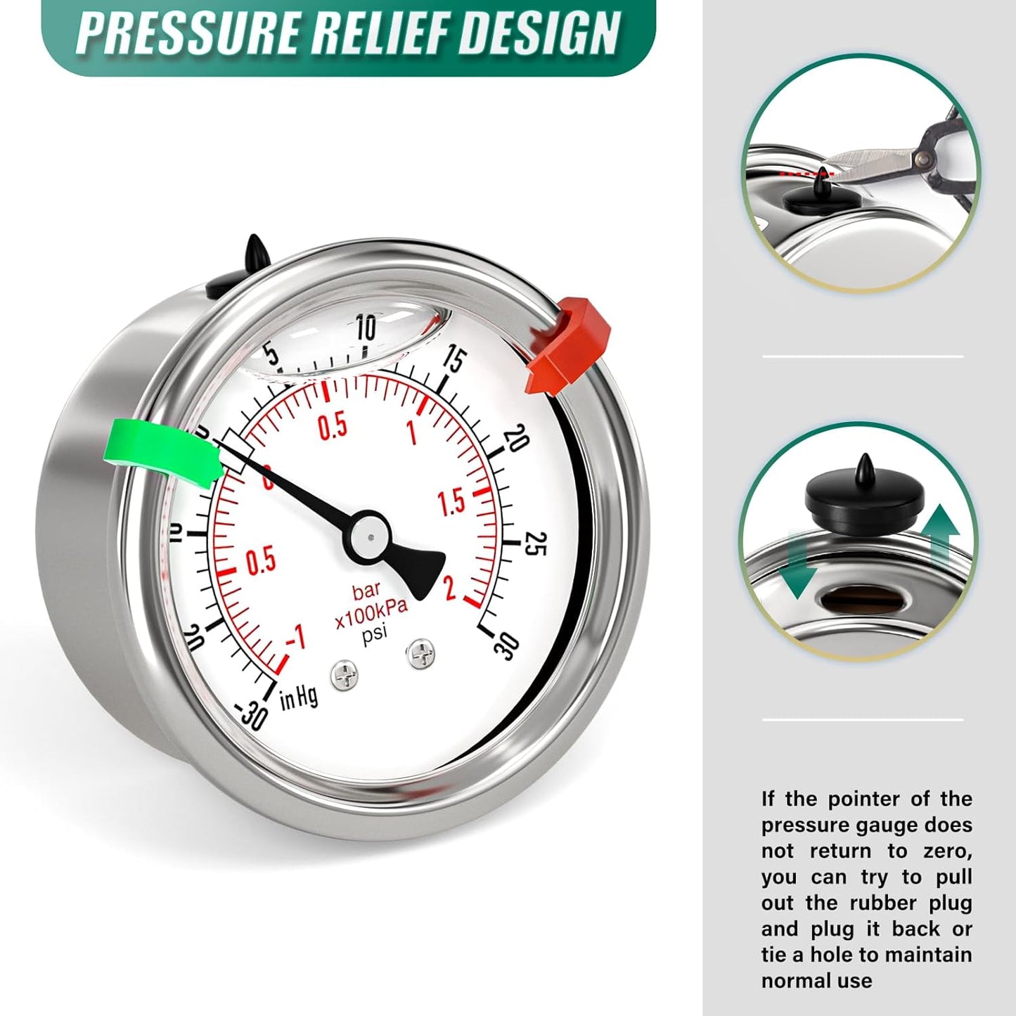 '-30inHG-30PSI Stainless Steel Liquid Filled Pressure Gauge, 2.5" Dial Size, 1/8" NPT Back Mount, for Tube, Water Pump, Gas, Liquid, Pressure Test (with Range Mark Pointer)