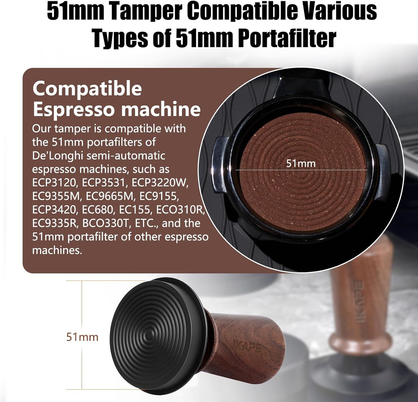 IKAPE 51mm Espresso Tamper, Spring-loaded Calibrated Tamper with Walnut Handle, Titanium Ripple Plating Base, Fits for 51 Espresso Machine Bottomless Portafilter