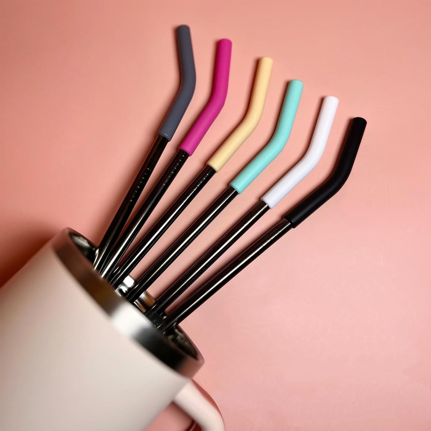 6 PCS Metal Stainless Steel Reusable Straight Straw,with 6Silicone Tips and 2Cleaning Brush,for 40oz Stanley, Hydrapeak, Owala Tumbler,Simple Modern 32 40oz Tumbler(8mm Black)