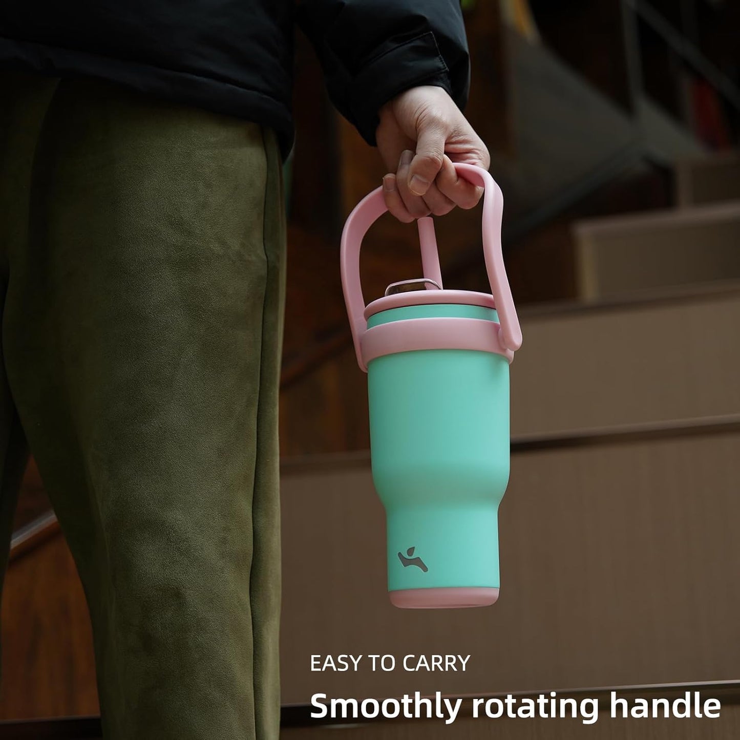 40 oz Tumbler with Side Handle, Insulated Water Bottle with Straw and 2 in 1 Lid, Stainless Steel Cup Travel Coffee Mug for Sports Office Gym,Guava