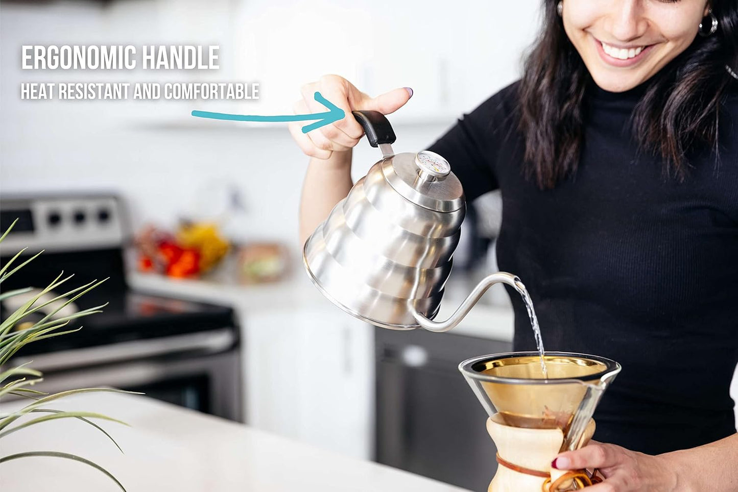 Barista Warrior Gooseneck Kettle for Pour Over Coffee and Tea with Thermometer for Exact Temperature, Precision Pour Drip Spout, Compatible with all Stove Tops (Copper Coated, 1.2 Liter, 40 fl oz)