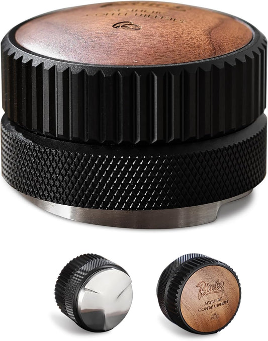 Bincoo 58mm Espresso Distributor Hand Tamper - Adjustable Coffee Leveler Tool for 58mm Portafilter, Walnut Wood Lid, 3-Slope Base Adjustable Depth Espresso Distributor for Barista(58MM Black)