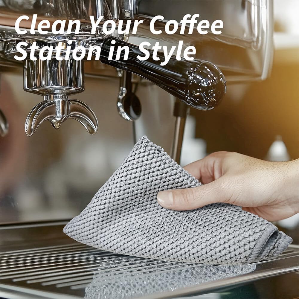 Barista Towels 8 Pack, Microfiber Coffee Cleaning Cloths for Espresso Machines, Steam Wands & Countertops – Essential Coffee Bar Accessories, 12”x12”, Grey