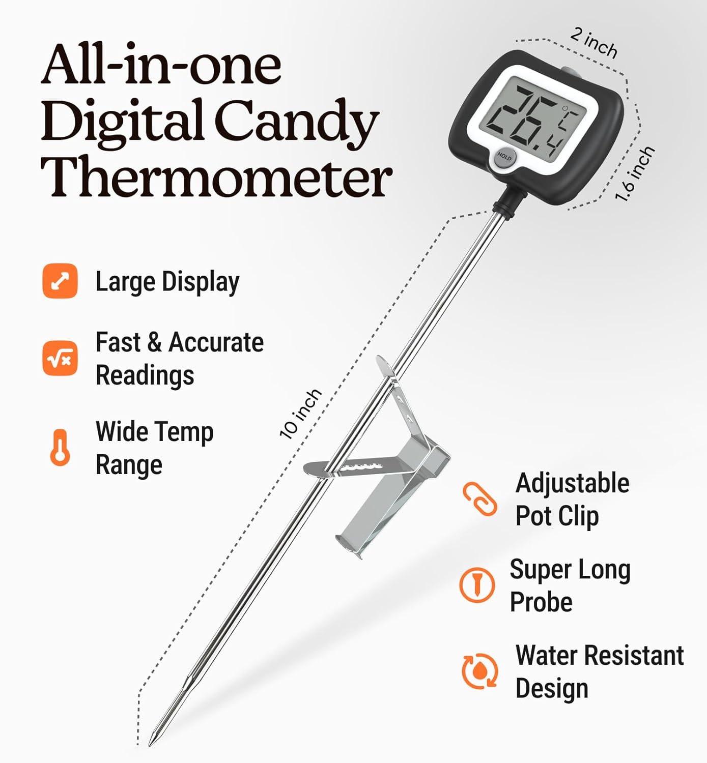 Digital Candy Thermometer with Pot Clip, 10" Long Stainless Steel Probe, Instant Read Kitchen Thermometer for Cooking, Baking, and Candy Making (Black)