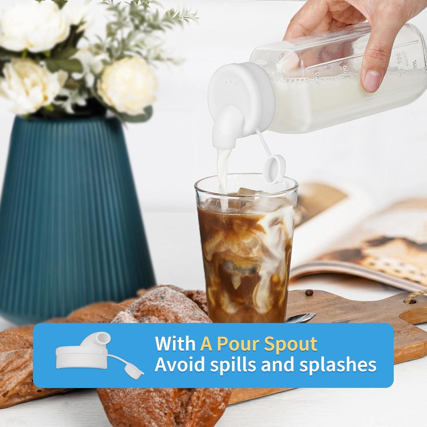 6 Pack 16 Oz Glass Juice Bottles with Pour Spout, 100% Airtight Heavy Duty SCREW Lid- Reusable Glass Milk Bottles w Capacity Mark, Square Drinking Jar Juice Container Breast Milk Pitcher(Extra 2 Lid)