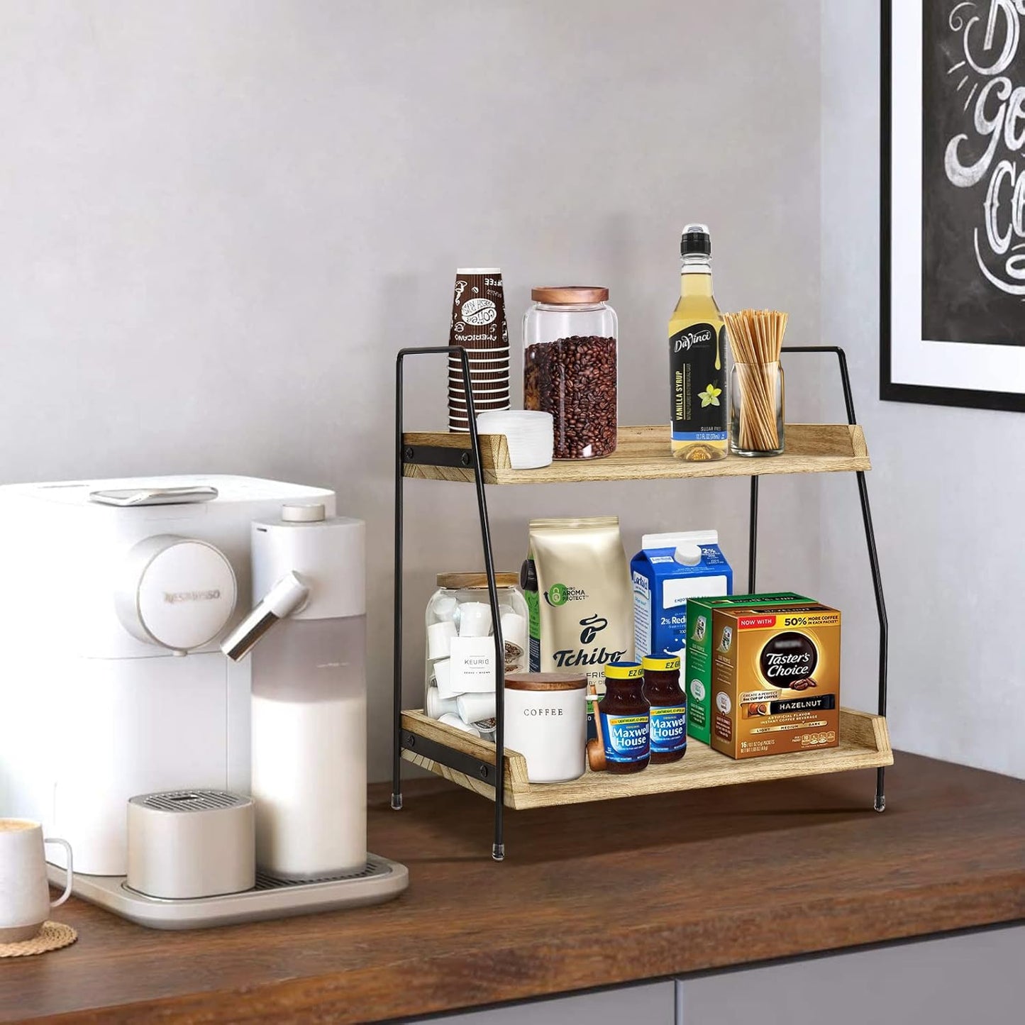 Yusepure Coffee Bar Accessories and Organizer Countertop, Coffee Station Organizer Kitchen Counter Shelf Organizer,Coffee Condiment Storage,Cup Lid Holder Countertop Shelf for Bathroom (Brown)