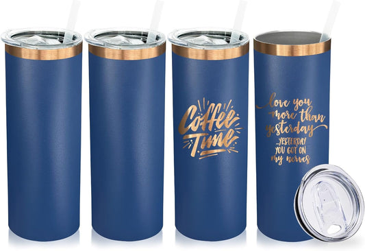 20 oz Skinny Tumblers Bulk 4 Pack, Stainless Steel Insulated Tumbler with Lids and Straws, Slim Double Wall Powder Coated Travel Coffee Mugs Reusable Cup for Hot Cold Drinks (Navy,4 pack)