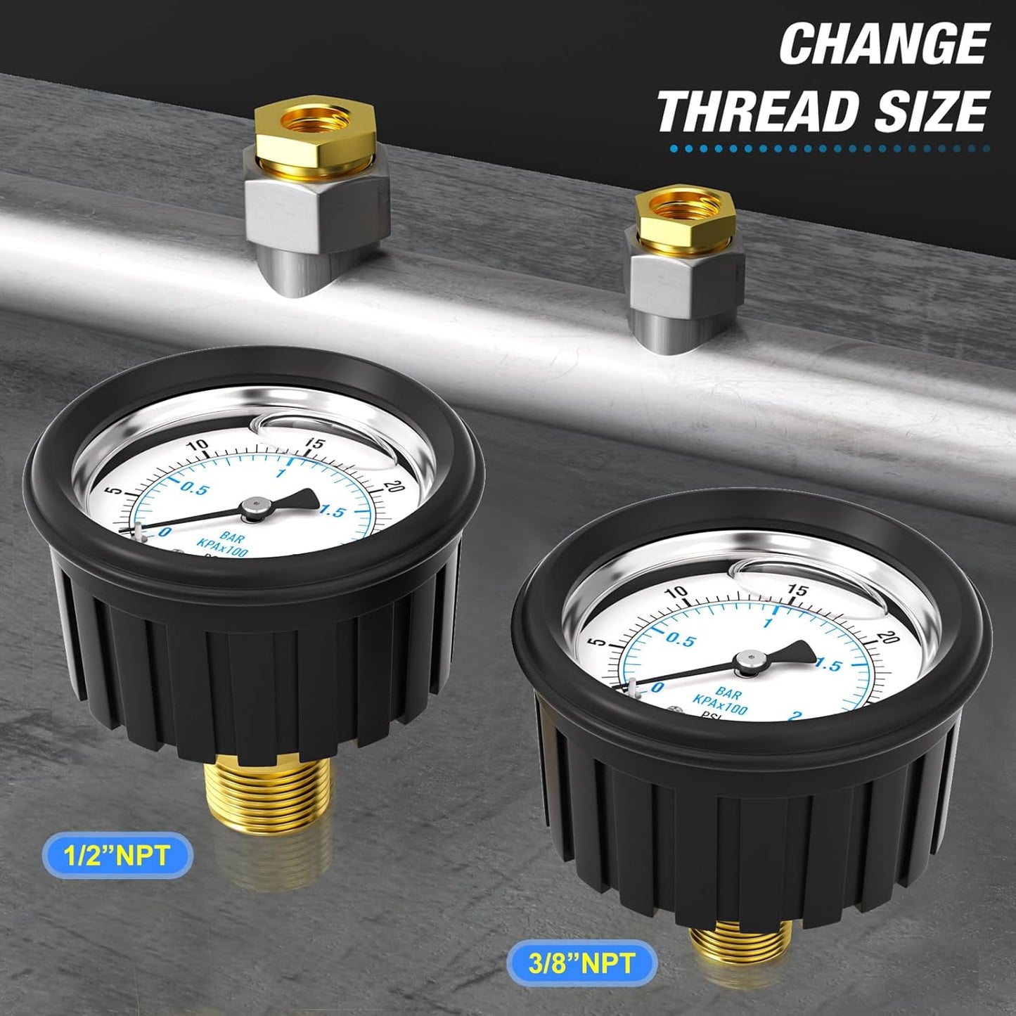 MEANLIN MEASURE 0~30Psi Stainless Steel 1/4" NPT 2.5" FACE DIAL Liquid Filled Pressure Gauge, Center Back Mount (with Rubber Protective Sleeve), with 1/2" NPT and 3/8" NPT Hex Bushing