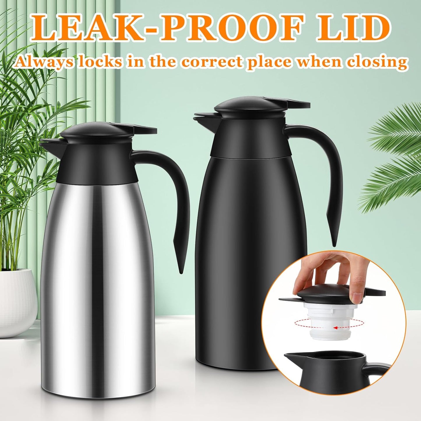 Norme 2 Pcs Thermal Coffee Carafe Insulated Stainless Steel Coffee Carafe for Hot Liquid Vacuum Thermal Pot Creamer Pitcher Dispenser with Brushes Keeping Hot Water Milk(Black, Silver,51 oz)