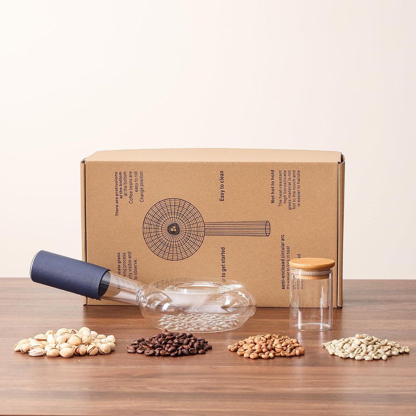 Portable glass coffee bean roaster - High borosilicate glass manual home coffee roasting kit, suitable for small batch roasting of nuts and coffee beans, stove-safe (50-80 grams capacity)