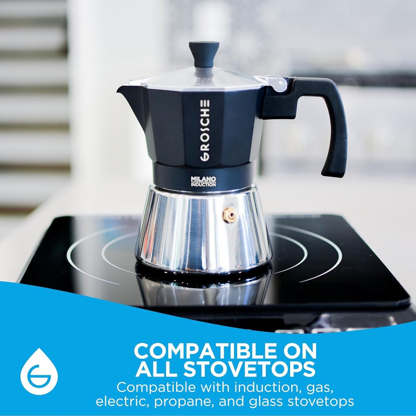 GROSCHE Milano Induction Stovetop Espresso Maker Moka Pot for Greca, Induction, Electric & Gas Stoves, Dishwasher Safe Stovetop Espresso Maker | 3 Espresso Cup, Black