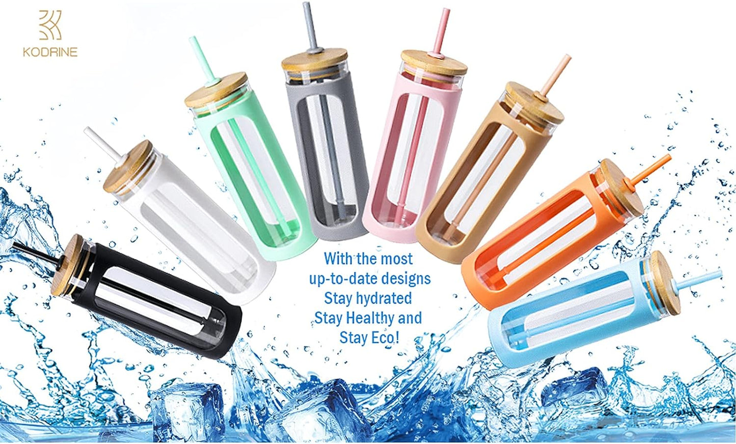 Kodrine 20oz Glass Water Tumbler with Straw and Lid, Bamboo Lids Water Bottle, Iced Coffee Cup Reusable, Wide Mouth Smoothie Cups with Protective Silicone Sleeve BPA FREE-Black