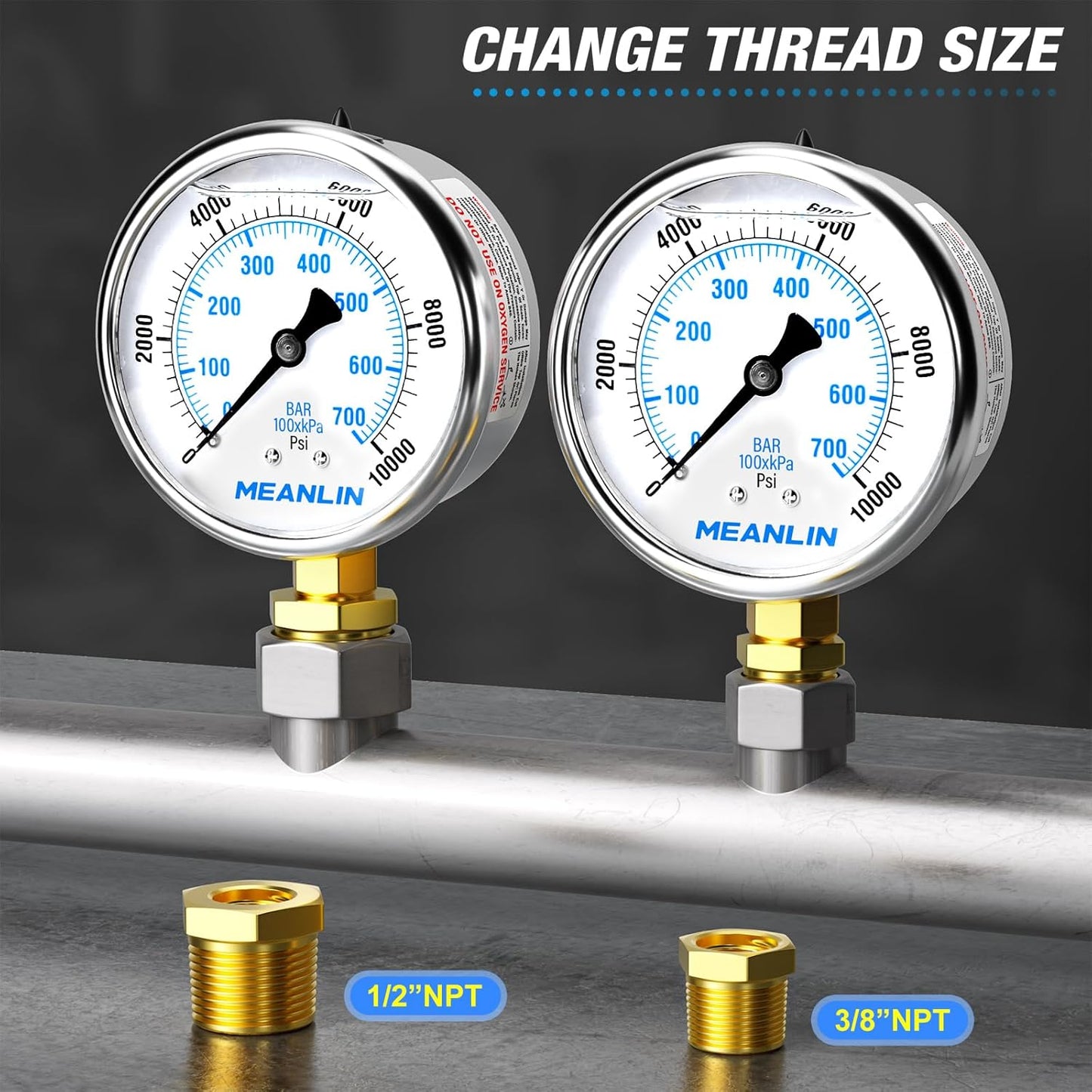 MEANLIN MEASURE 0~10000Psi Stainless Steel 1/4" NPT 2.5" FACE DIAL Liquid Filled Pressure Gauge WOG Water Oil Air Lower Mount, with 1/2" NPT and 3/8" NPT Hex Bushing