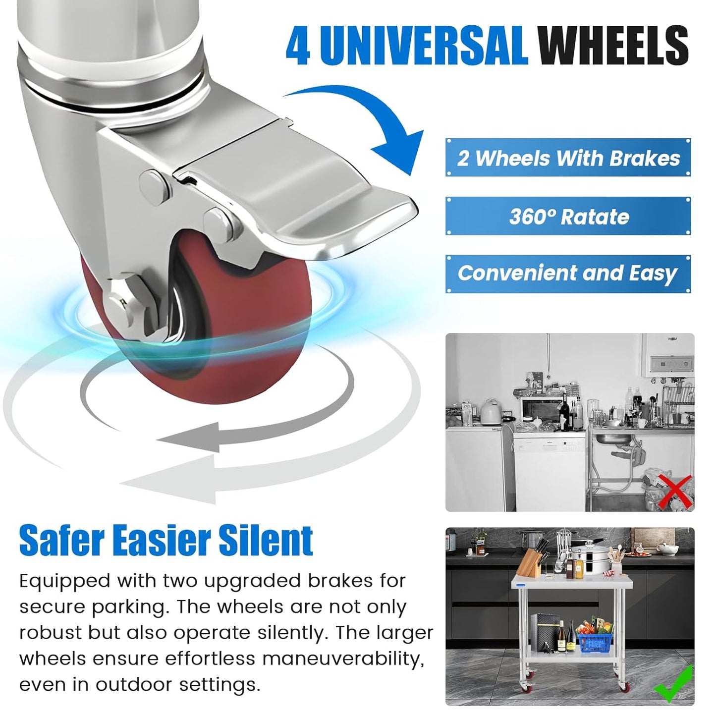 Stainless Steel Table for Prep & Work with 4 Caster Wheels with Undershelf 18 x 24 NSF Metal Commercial Kitchen Prep Table with Adjustable Under Shelf Worktable for Restaurant Home Outdoor