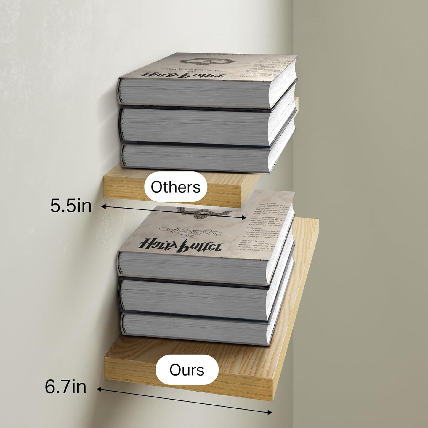BAYKA Floating Shelves, 22.5" Rustic Wood Wall Mounted Shelves Bathroom, Bedroom, Living Room, Kitchen, Hanging Shelf for Books/Storage/Decor (Oak-Toned,Set of 2)