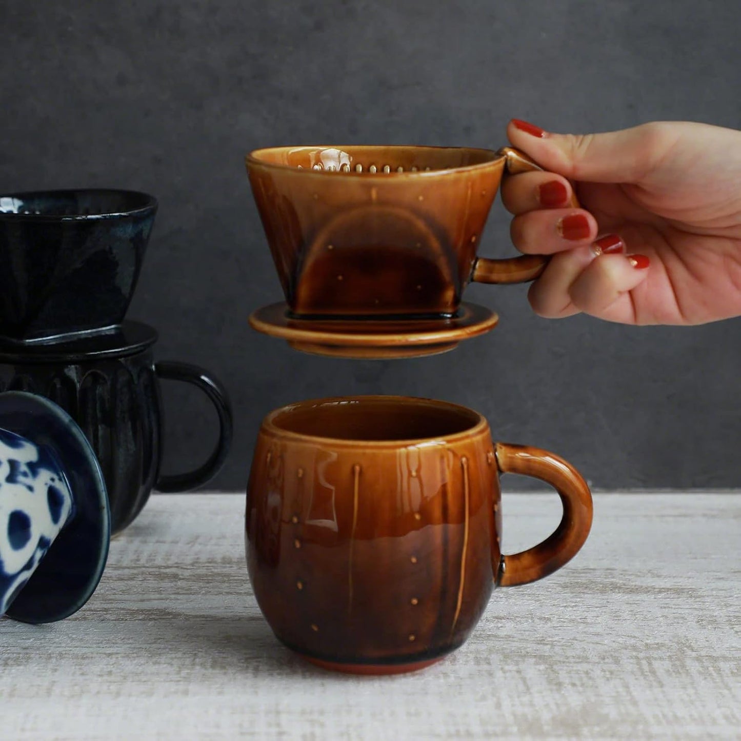 Asayu Japan Ceramic Coffee Pour Over Maker Set in Caramel, Slow Brewing Paper Filter Holder and Dripper with 3 Holes for Coffee and Tea - Coffee Dripper Cone