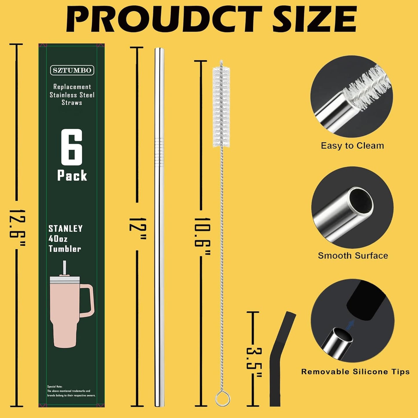 6 Pack 12 Inch Metal Stainless Steel Reusable Straight Straw,with 6Silicone Tips and 2Cleaning Brush,for 40oz Stanley, Hydrapeak, Owala Tumbler,Simple Modern 32 40oz Tumbler(8mm 3S3B)