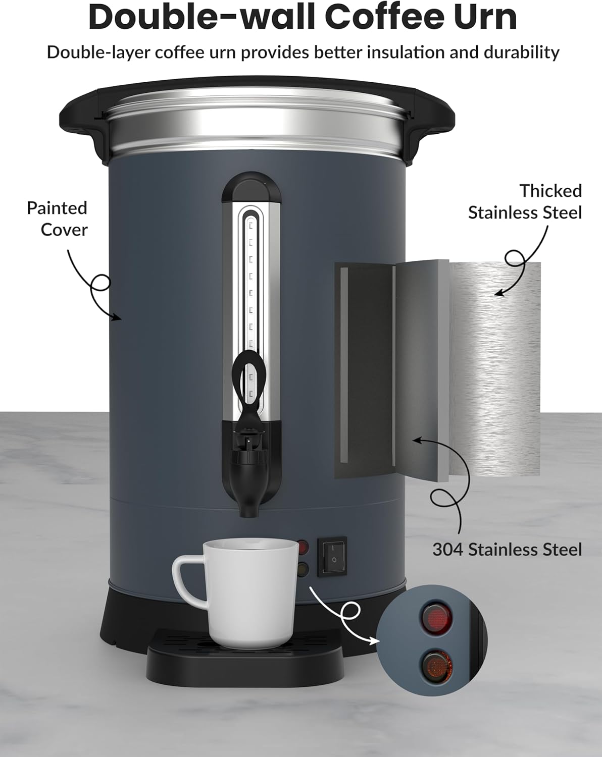 120 Cups Coffee Urn,18L Double Wall Commerical Coffee Maker for Buffet Catering Wedding Gathering,Large Capacity Hot Coffee Dispenser, Stainless Steel Hot Water Urn