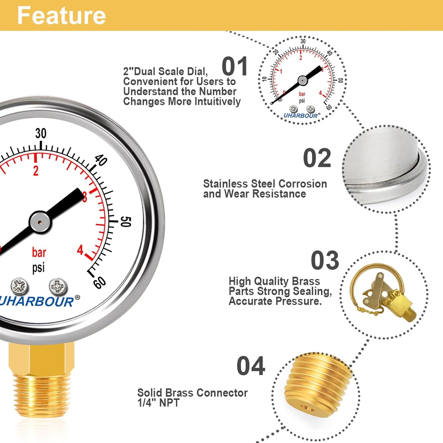 Lead-Free Water Pressure Gauge Liquid Filled 60 Psi 2" Dial, Stainless Steel Case, 1/4" NPT Lower Mount, Water Pressure Gauge for Home