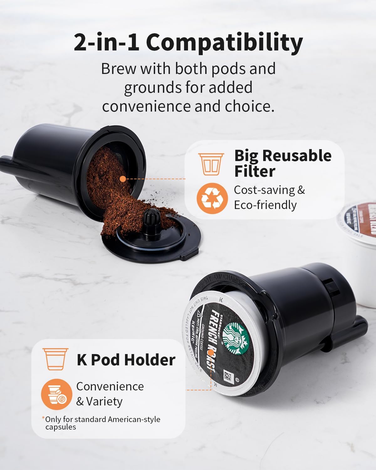 Hot & Iced Coffee Maker with Bold Setting, Single Serve Coffee Maker for K Cup and Grounds, 6-14 Oz Brew Sizes, 50 Oz Removable Water Tank, One Cup Coffee Machine with Reusable Filter, Grey