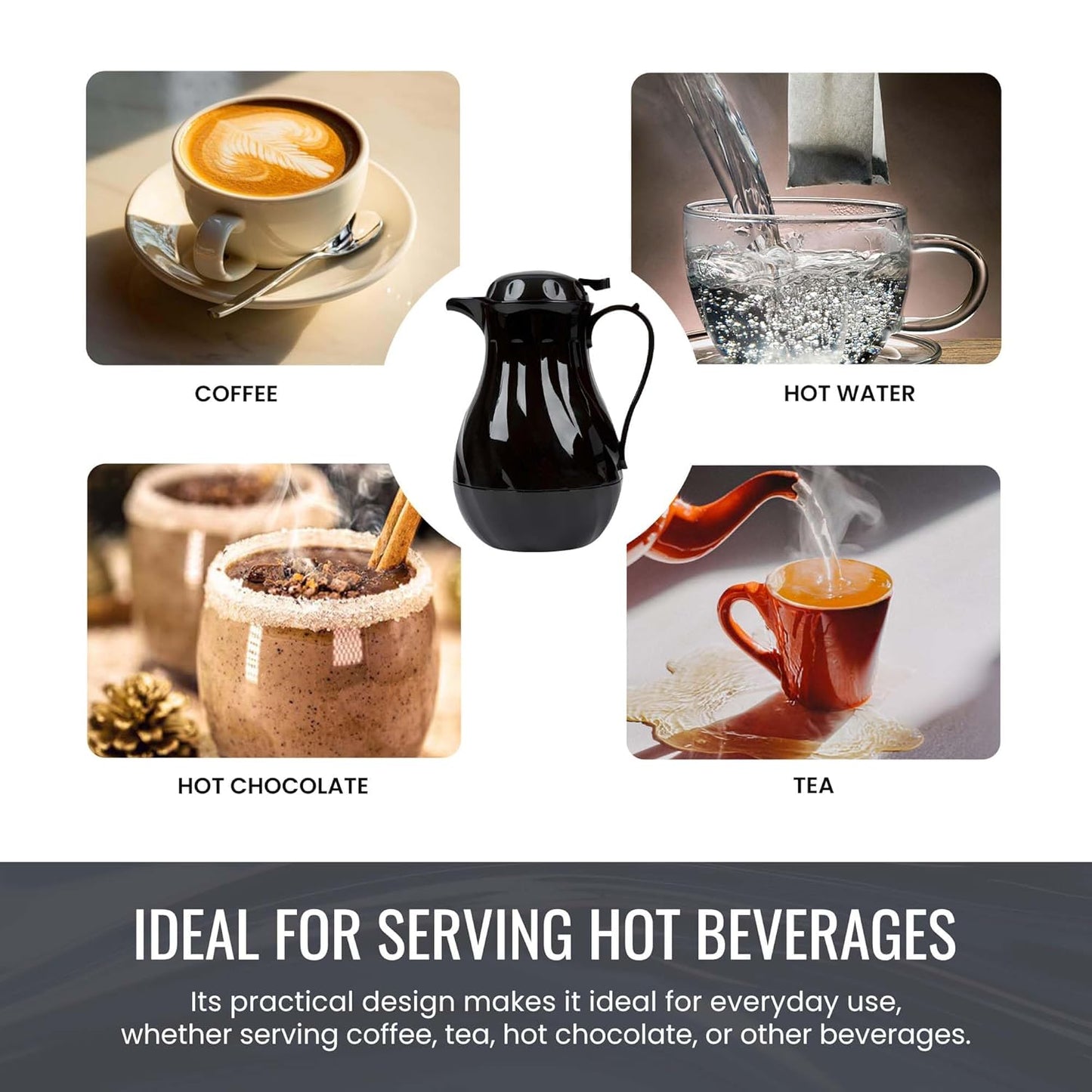 OCS Parts Easy Pour Thermal Coffee Carafe | 11-Inch Insulated Hot and Cold Beverage Pitcher Server for Coffee, Tea, Hot Chocolate and Water with Colored Tags for Easy Idenfication | 64-Ounce | Black