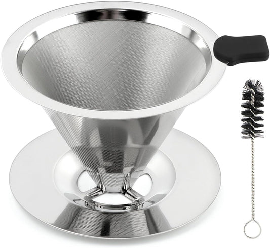 Pour Over Coffee Dripper with Cleaning Brush, Stainless Steel Cone Coffee Filter Fine Mesh Double Layer, Paperless Reusable Coffee Filter, Drip Cone Brew Coffee Strainer(SIZE:Small)