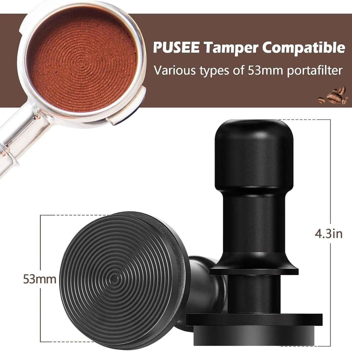 PUSEE 53mm Espresso Coffee Tamper,Premium Calibrated Espresso Tamper 30lb Coffee Tamper with Spring Loaded,Titanium Ripple Plating Base Ground Tamper for Barista Home Coffee Espresso Accessories