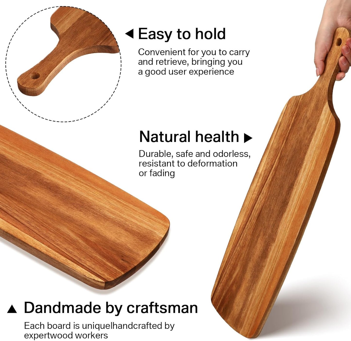 Kathfly 3 Pcs Acacia Wood Cutting Board with Handle Wooden Laser Kitchen Serving Charcuterie Board for Vegetables Meat Pizza Cheese Fruit Bread(24 x 7 Inch)