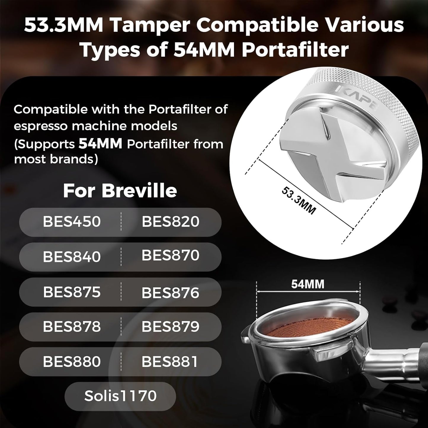 IKAPE Coffee Products, 53mm Coffee Distributor & Hand Tamper, Adjustable Depth Espresso Distributor Fits All 53mm Espresso Portafilter, Compatible with 54MM Breville Bottomless Portafilter (Silver)