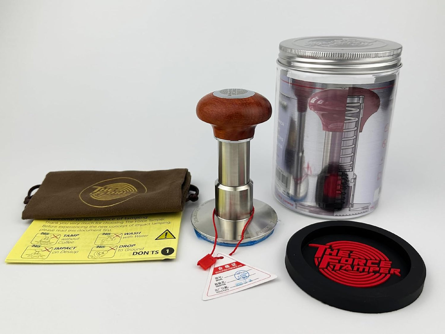 The Force Tamper Automatic Impact Adjustable Constant Pressure and Autoleveling Coffee Tamper Reddish Brown Jellyfish Wooden Handle Set Pro (Standard Set, 54.00mm)