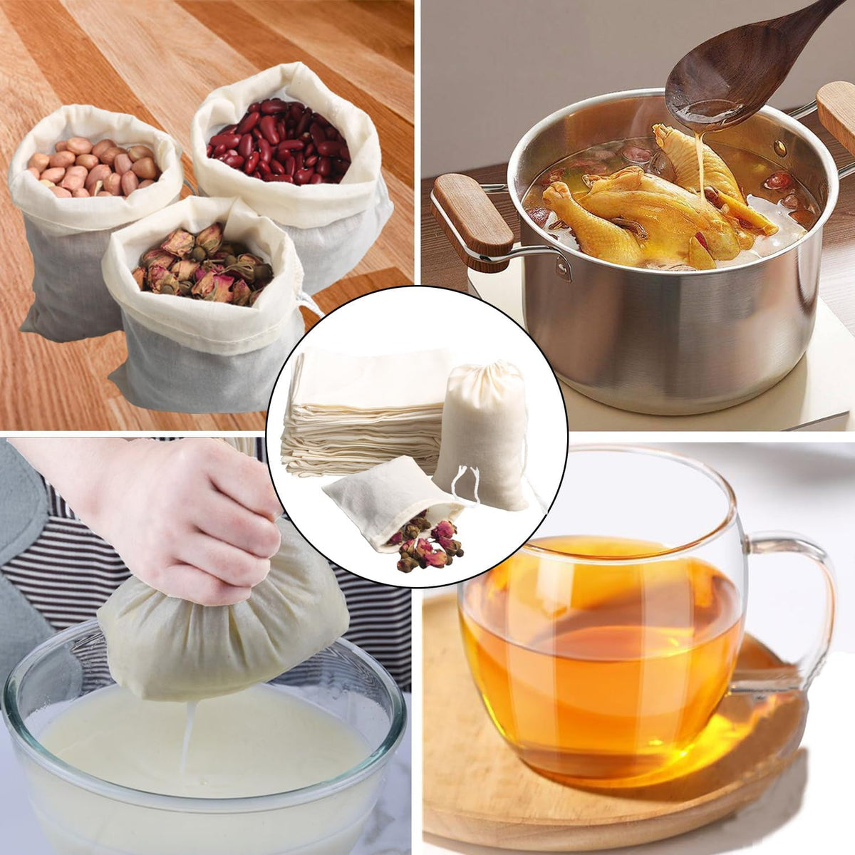 Eketirry Spice Bags, 10pcs Reusable Empty Tea Bags, Muslin Strainer Bags, Soup Bags for Cooking, Natural Cotton Fine Mesh Cheesecloth Bags for Cold Brew Coffee(2 x3" &3 x4")