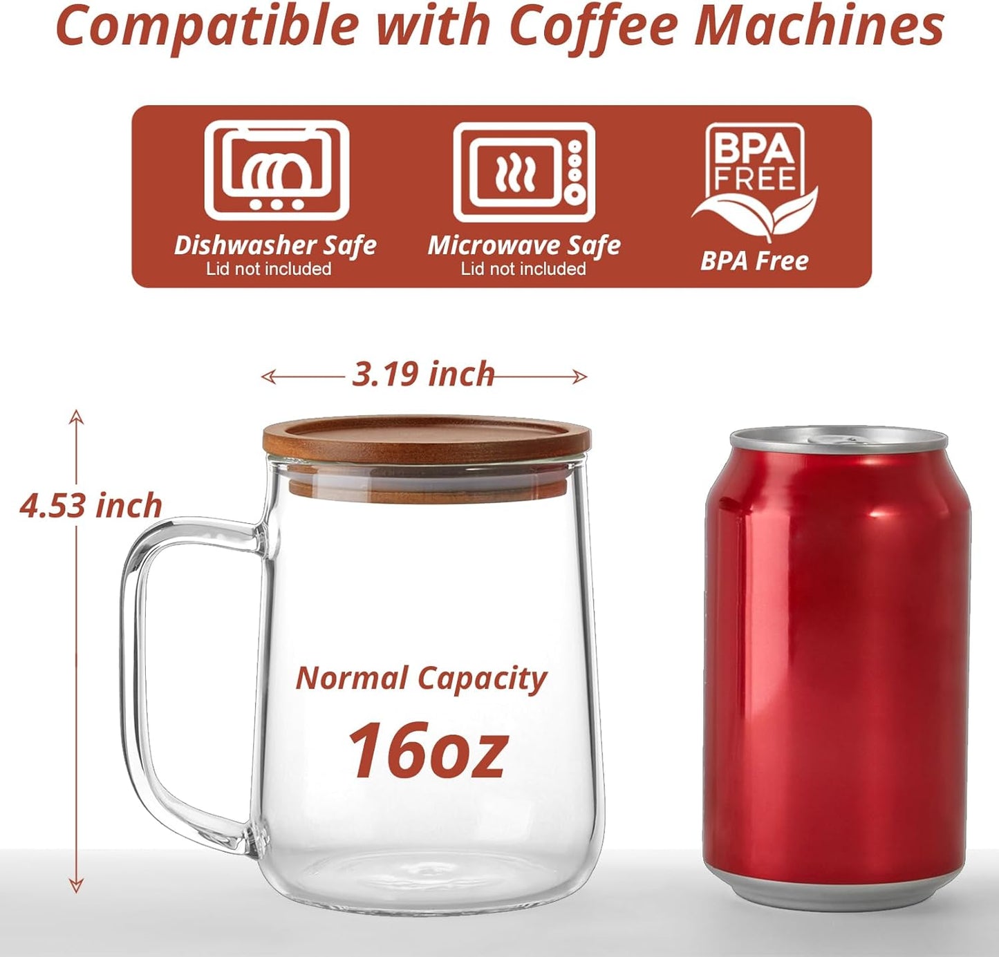 Glass Coffee Mugs, 16 oz Glass Coffee Cups with Acacia Wood Lids, Clear Borosilicate Glass Mugs with Handles for Cappuccino, Tea, Latte, Hot/Cold Beverages, Wine, Americano, Set of 2