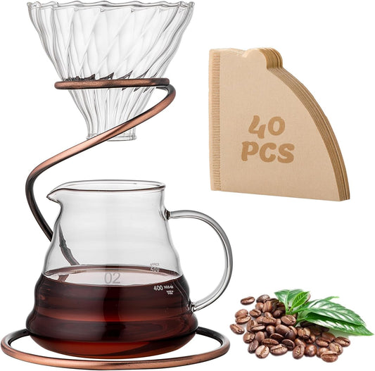 Coffee Pour Over Set – Complete Pour Over Coffee Maker with Dripper, 40Filters, and Metal Stand – Portable & Stylish Style Drip Coffee Brewer