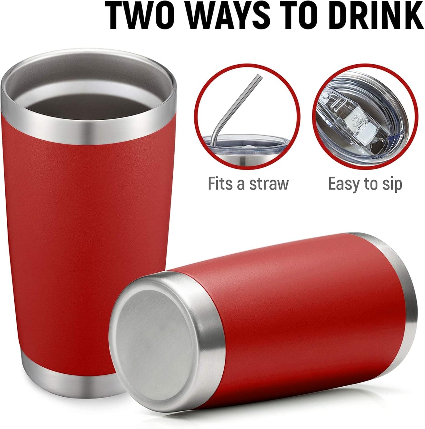 COMOOO 20oz Double Wall Vacuum Insulated Travel Mug, Stainless Steel Tumbler with Lid and Straw Durable Powder Coated Insulated Coffee Cup for Cold & Hot Drinks (red，12 pack