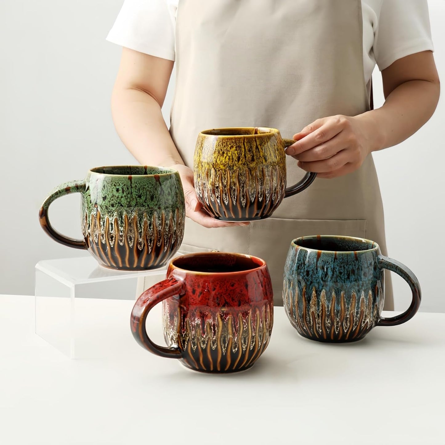 20oz Raku Glaze Coffee Mug - Unique Handcrafted Look Ceramic Cup, Large Tea Mug, Microwave & Dishwasher Safe (yellow)
