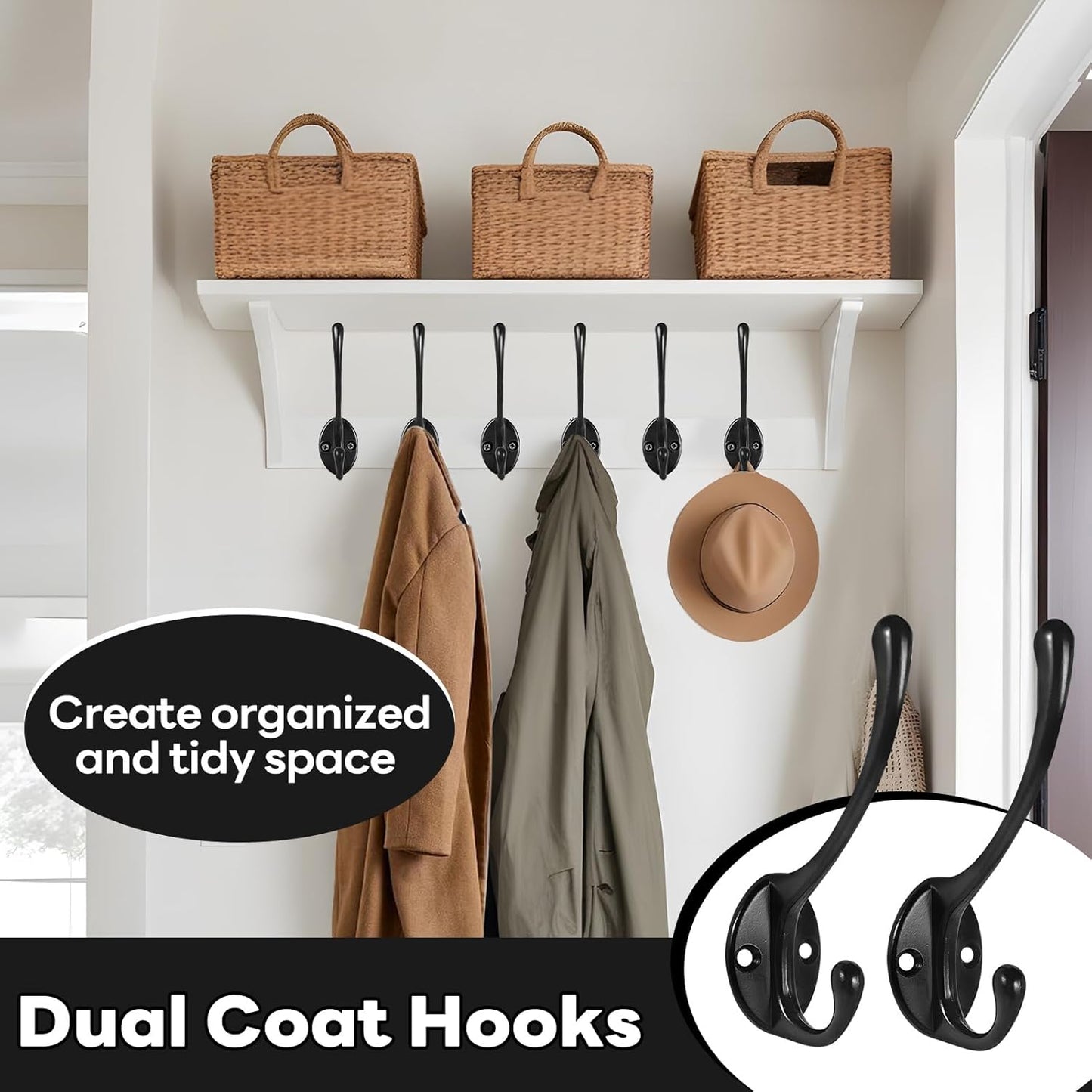 Wall Hooks for Hanging, 20-Pcs Heavy Duty Metal Coat Hooks, for Living Room, Bathroom, Kitchen, Bedroom for Coats, Towel, Hat, Key, Closet, Bag (Black)