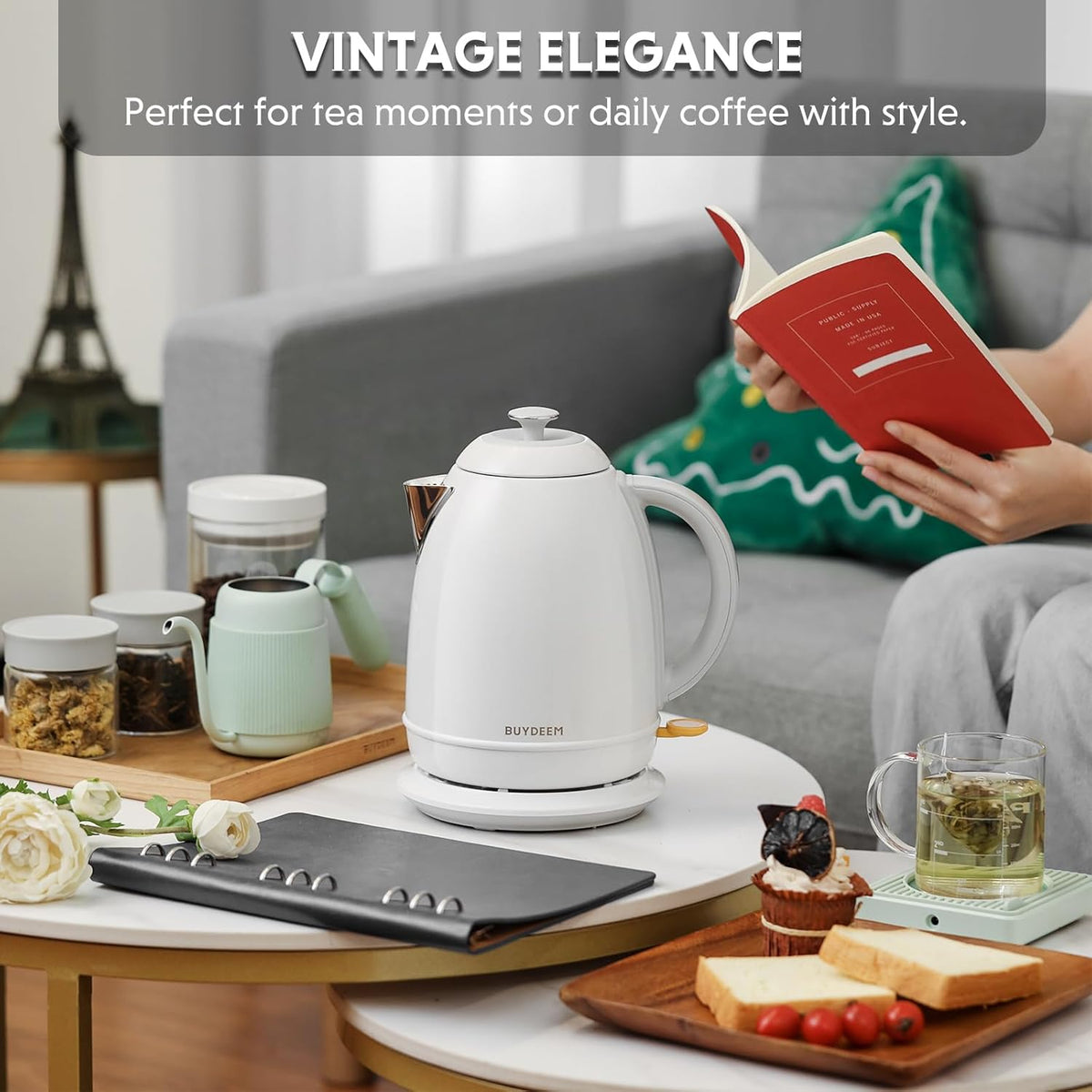 BUYDEEM K640 Stainless Steel Electric Tea Kettle with Auto Shut-Off and Boil Dry Protection, 1.7 Liter Cordless Hot Water Boiler with Swivel Base, 1440W, Arctic White