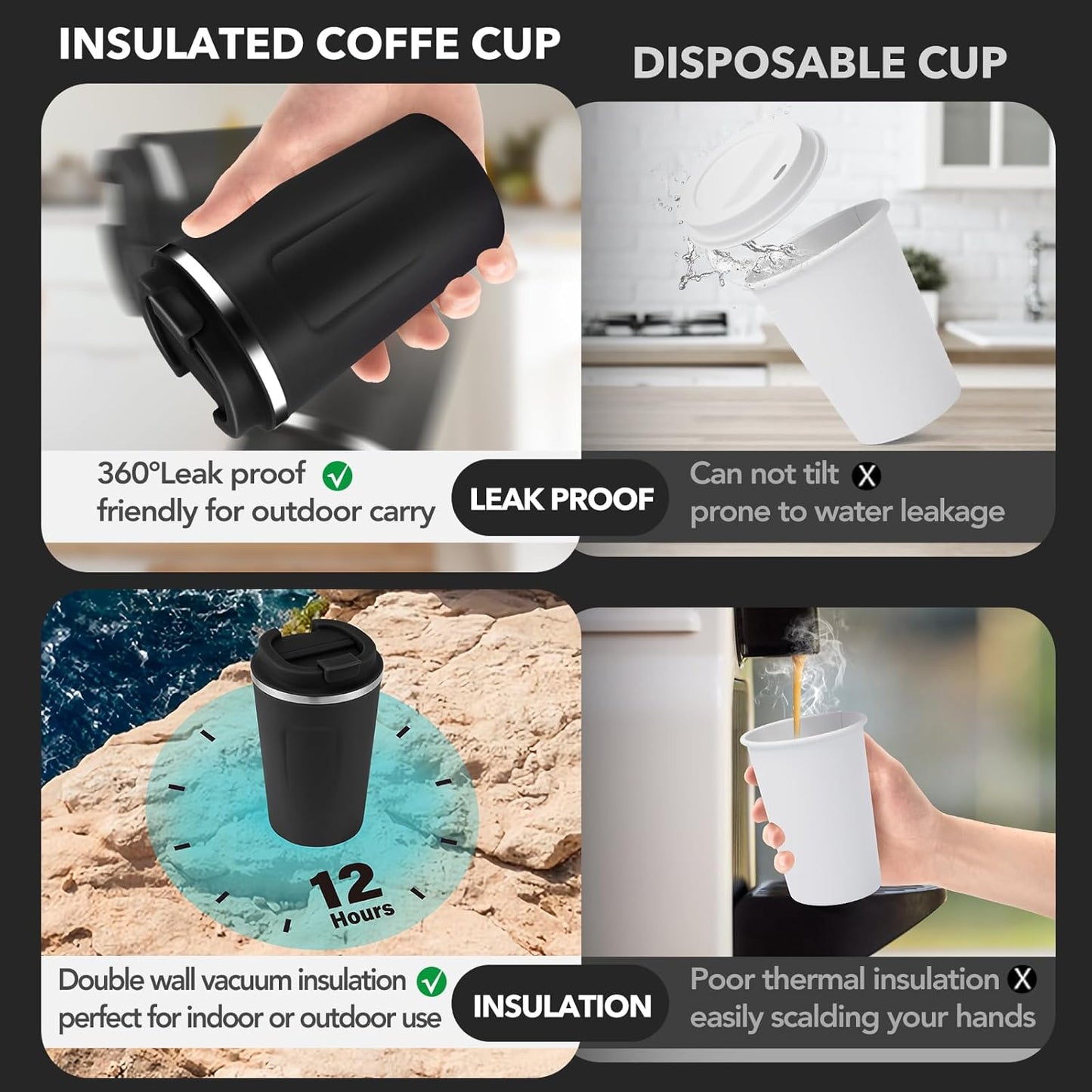 Volhoply 12 oz Double Wall Insulated Vacuum Travel Coffee Mug with Flip Lid Bulk 4 Pack,Reusable Stainless Steel Leak Proof Coffee Cups,Portable Cafe Thermal Tumbler for Hot & Cold Drinks(Black,4 Set)