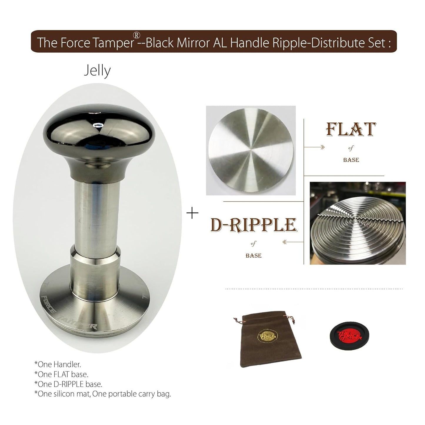 The Force Tamper Automatic Impact Adjustable Constant Pressure and Autoleveling Coffee Tamper Black Mirror Jellyfish AL Handle Set Pro (Ripple-Distribute, 53.50mm)