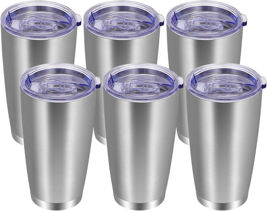 VEGOND 20oz Tumbler with Lid and Straw Stainless Steel Tumbler Cup Bulk Vacuum Insulated Double Wall Travel Coffee Mug Powder Coated Coffee Cup(Stainless 6 Pack