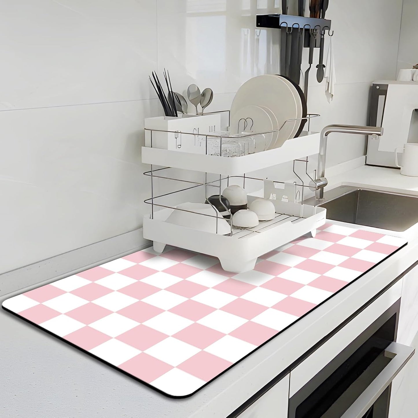Dish Drying Mat for Kitchen Counter, 16.5’’ X 27.6’’ Checkered Large Coffee Station Mat, Super Absorbent Fit Under Coffee Maker Pad, Espresso Machine Mats, Drainer Mat Easy Clean, Pink & White
