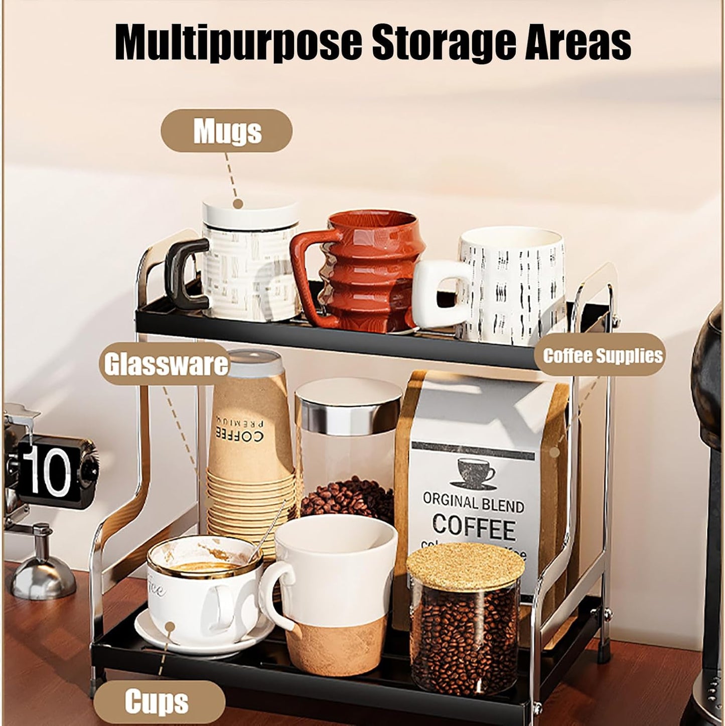 KISKIS Coffee Mug Cup Holder Space Saving 2-Tier Sturdy Stable Metal Storage Shelf, Prevent Falling Scratch Resistant Kitchen Rack Office Bathroom Desktop Organizer,Black+sliver