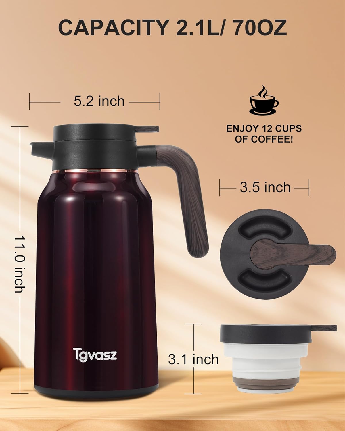 Thermal Coffee Carafe 70 oz - 36 Hour Hot Stainless Steel Carafes for Hot Liquids-Insulated Coffee Carafes For Keeping Hot/Cold Coffee, Tea, Water, Drink Dispenser for Parties(Black)