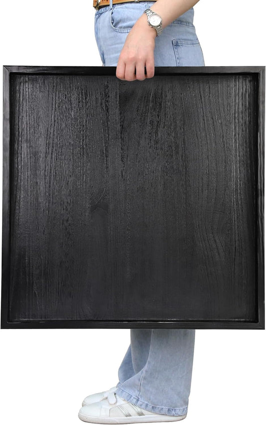 Square Ottoman Table Tray 24" - Rustic Wooden Serving Tray for Farmhouse Decorative Oversized Coffee Table Trays Living Room Kitchen Counter Breakfast Black